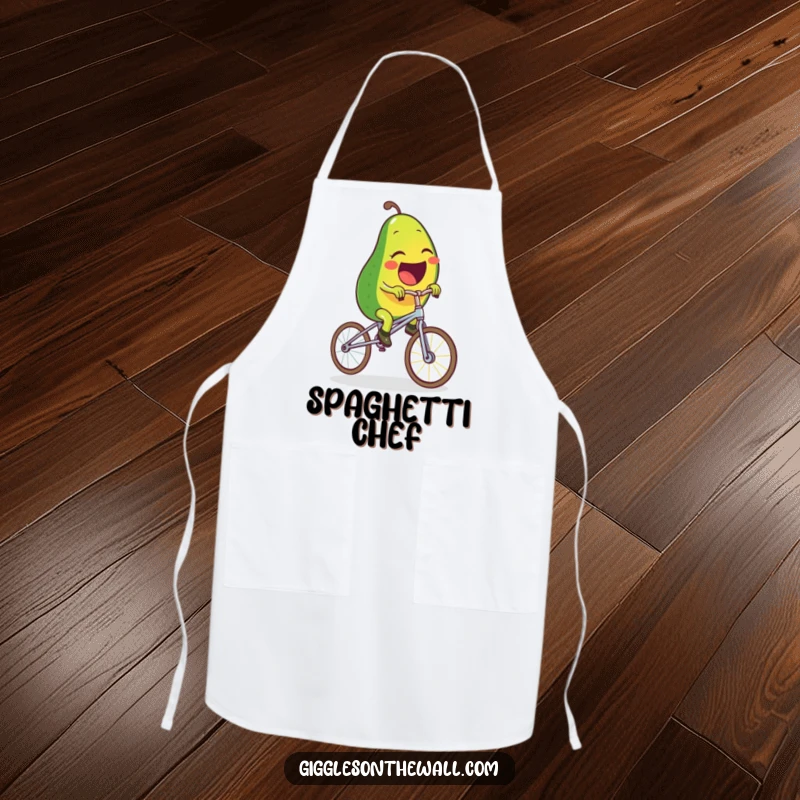 Funny apron depicting a laughing avocado character balancing on a spaghetti unicycle, ready to add humor to any culinary task.