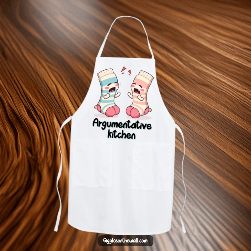 Funny Sock Apron: A kitchen apron showing a pair of socks in a dramatic argument, bringing cheer and humor to cooking and baking.