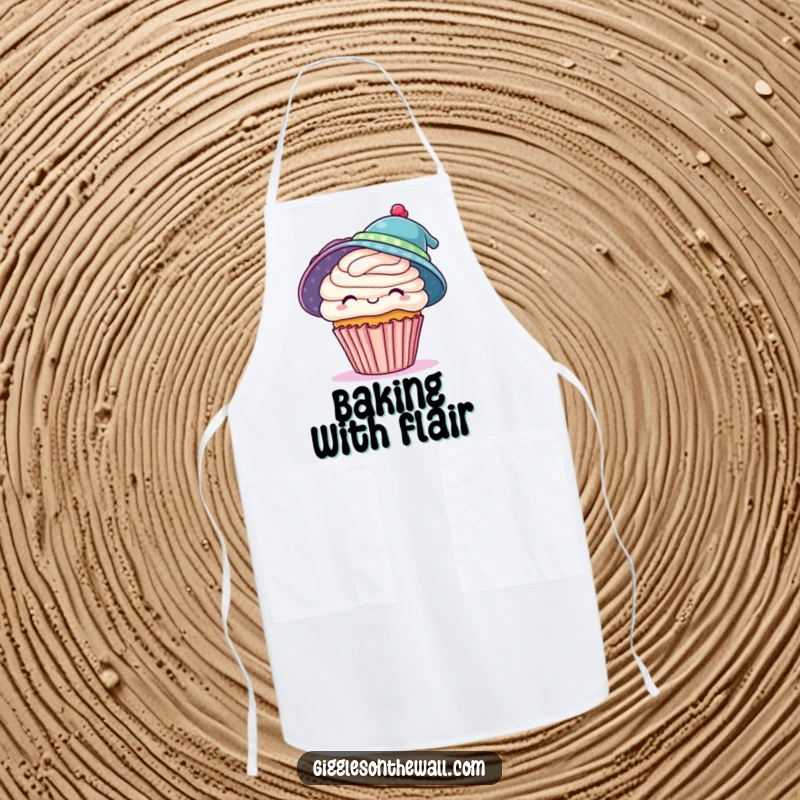 Funny apron depicting a playful cupcake attempting to wear two hats, ideal for kitchen fun and a great funny gift.