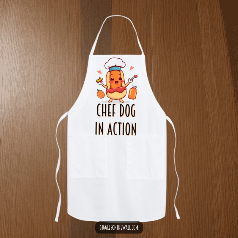 Funny apron featuring a smiling hot dog chef character juggling condiments, keeping you clean and entertained while cooking.