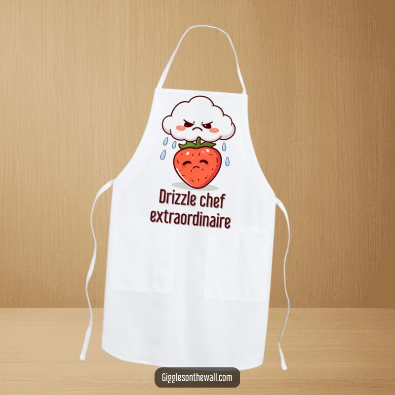 Funny apron showcasing a grumpy cloud spitting rain onto a sunbathing strawberry, adding humor and a touch of gloom to cooking.