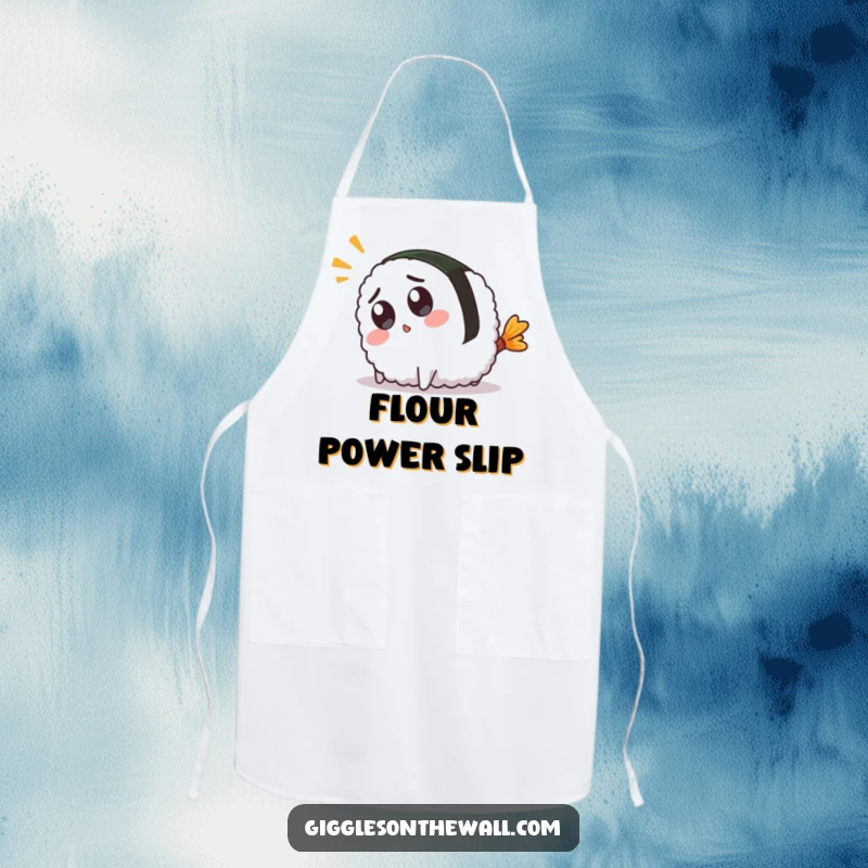 Funny apron showcasing a surprised sushi character hilariously tripping while cooking, adding comic flair to kitchen tasks.