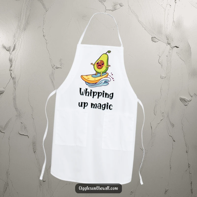Funny apron showing an avocado character surfing on a giant chip, a humorous and practical garment for kitchen activities.