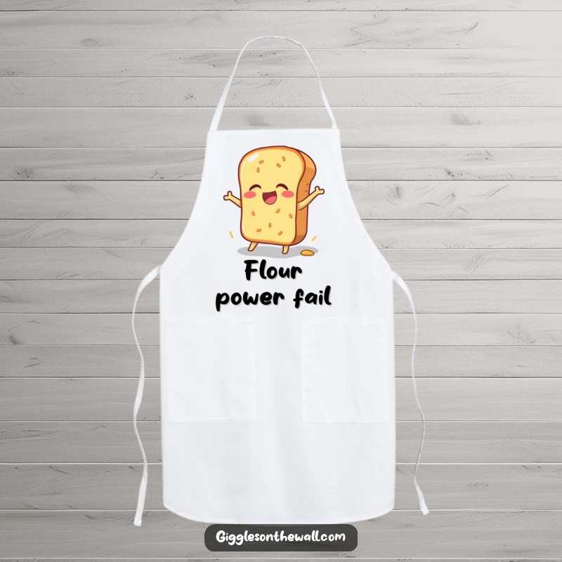Funny apron depicting a bread loaf in a clumsy, joyful pratfall, ideal for kitchen fun and a great funny gift.
