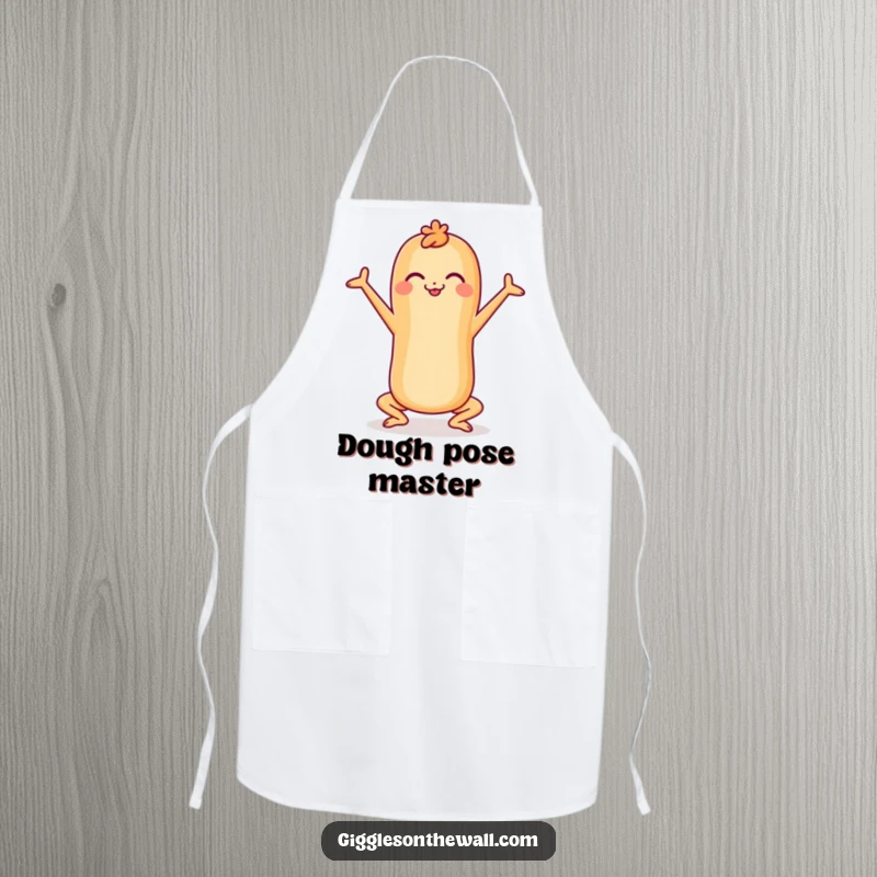 Funny cheerful baguette doing a yoga pose on an apron, a humorous and practical kitchen essential, great funny gift.