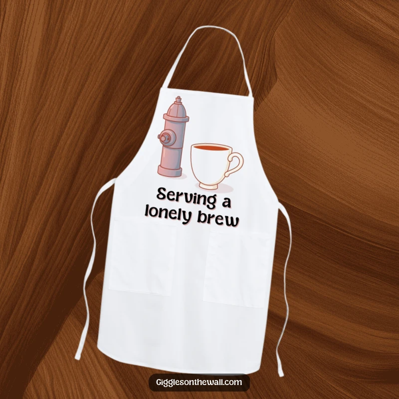 Funny apron, a teacup hugging a fire hydrant, kitchen apparel, humorous and functional design.