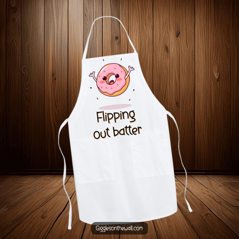 Funny apron featuring a donut with arms doing a clumsy cartwheel, making kitchen activities a humorous and entertaining experience.