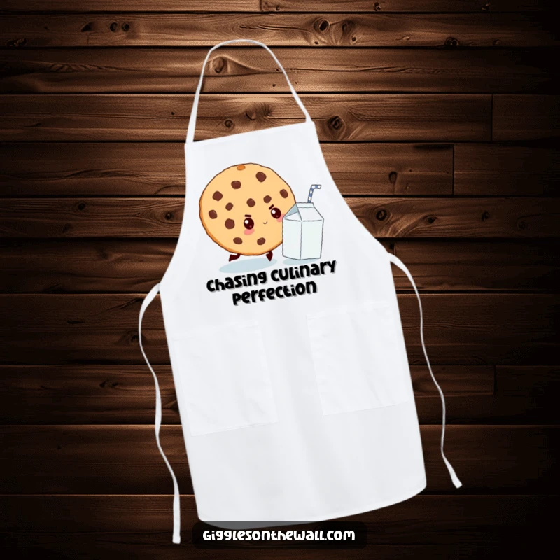 Funny apron showcasing a giant cookie determinedly chasing a tiny milk carton, adding humor and a sweet theme to cooking.