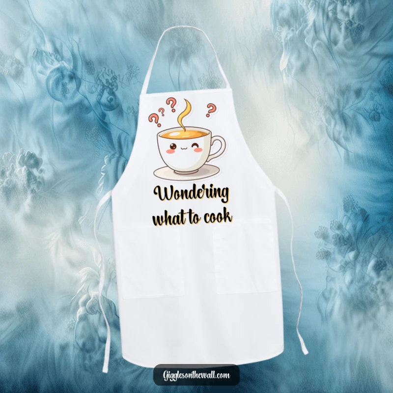 Funny apron featuring a curious teacup character with steam rising in question marks, perfect for inquisitive kitchen adventures.