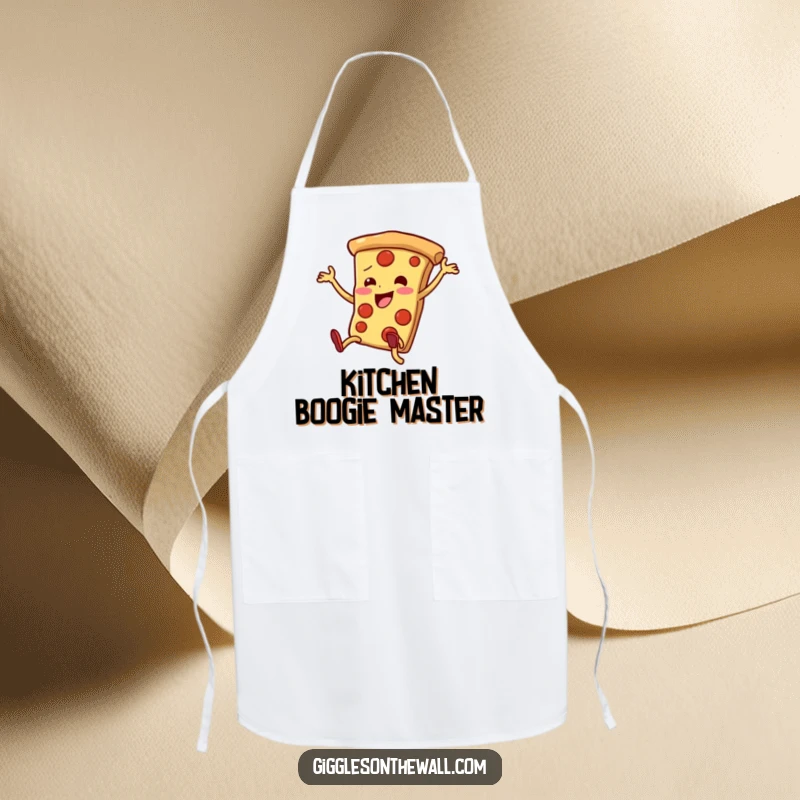 Funny pizza slice apron with legs dancing clumsily but enthusiastically, humorous and practical kitchen attire.