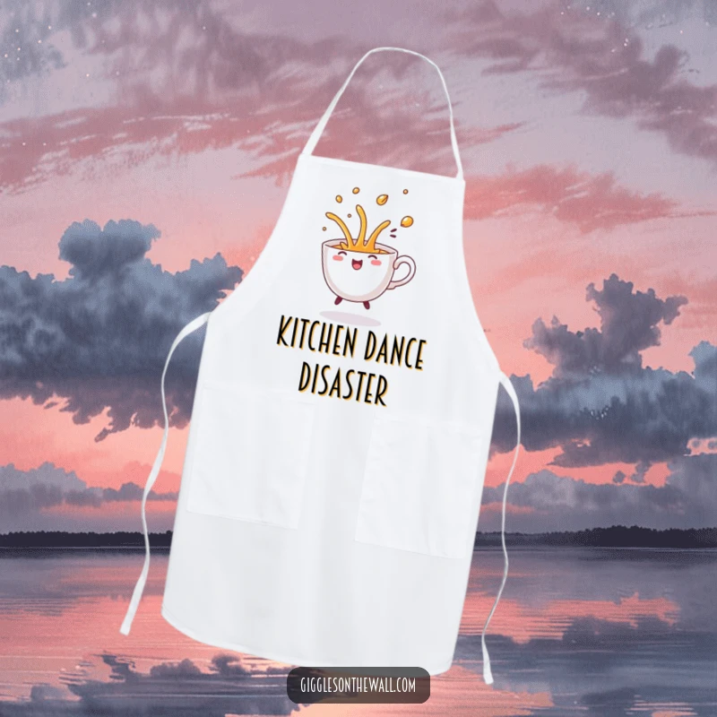 Funny Dancing Teacup Apron, illustrating a teacup dancing and spilling, ideal for kitchen fun and cooking.