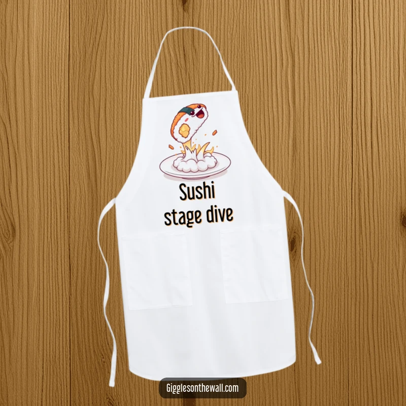 Funny sushi dramatically leaping from a plate on an apron, a humorous cooking essential, great funny gift.