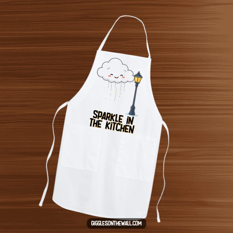 Funny apron with a happy cloud raining glitter onto a grumpy lamppost, ideal for kitchen whimsy.