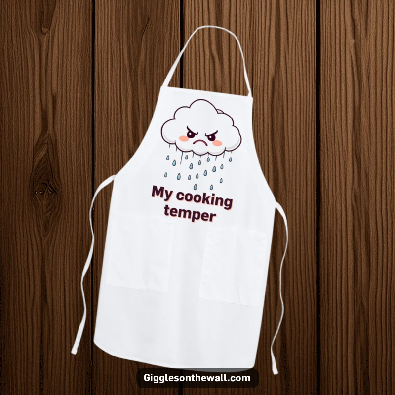 Funny grumpy cloud apron, depicting a displeased cloud raining tiny, disgruntled raindrops, perfect for kitchen gloom.