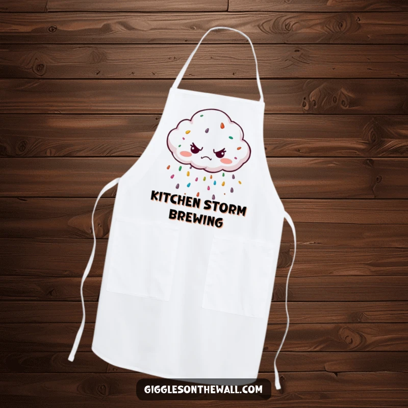Funny grumpy cloud character raining colorful sprinkles on a kitchen apron, bringing humorous and whimsical cheer to cooking tasks.
