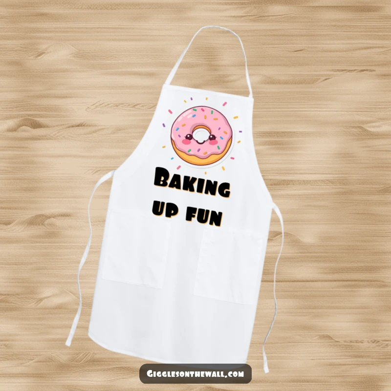 Funny apron depicting a happy donut with falling confetti, perfect for cheerful baking sessions and a great funny gift.