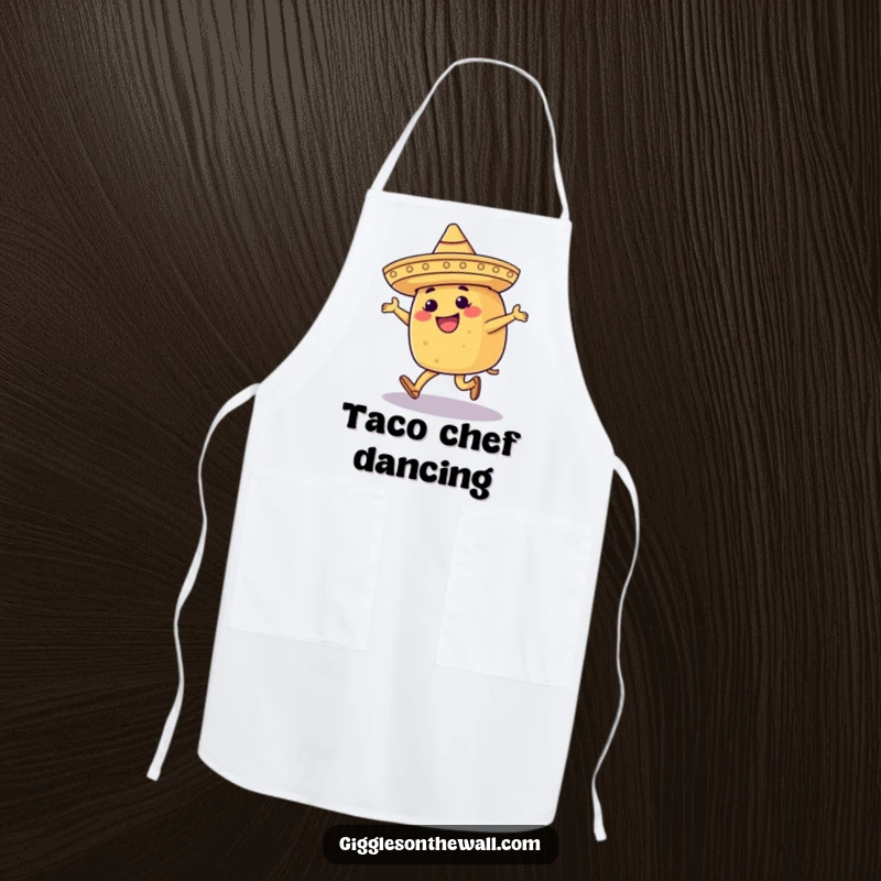 Funny apron featuring a happy taco wearing a tiny sombrero, moonwalking with festive energy, perfect for kitchen fun.