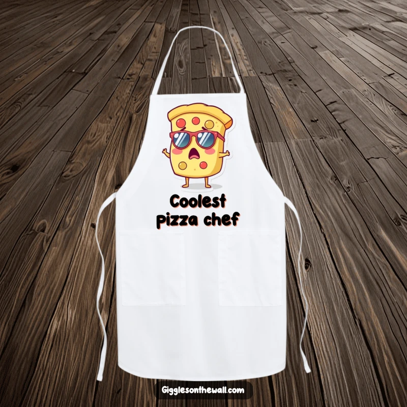 Funny apron with a surprised slice of pizza wearing tiny sunglasses, perfect for cooking with a cool attitude.