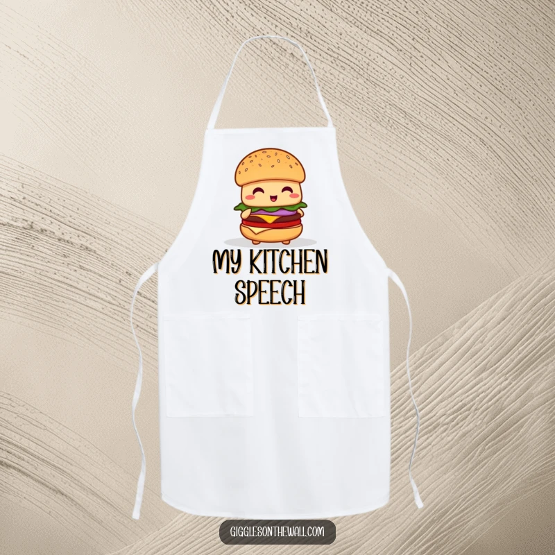 Funny shy hamburger apron, depicting a nervous burger character attempting to give a speech, perfect for kitchen shyness.