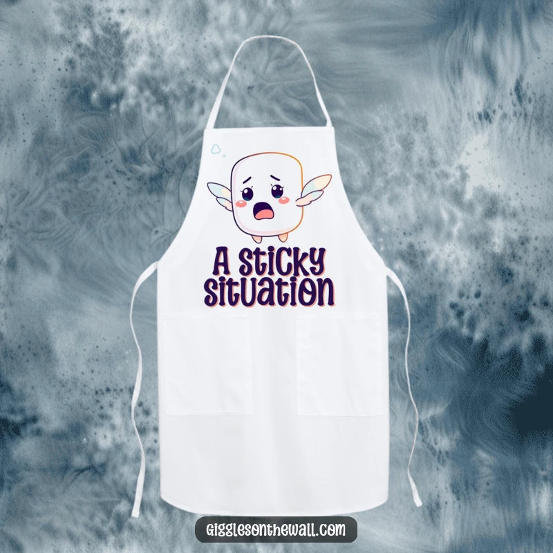 Funny apron featuring a startled marshmallow character with tiny wings, hilariously attempting to fly, perfect for kitchen adventures.