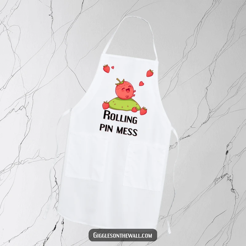 Funny Strawberry Apron: A kitchen apron showing a giggling strawberry rolling down a hill, bringing cheer to cooking and baking.