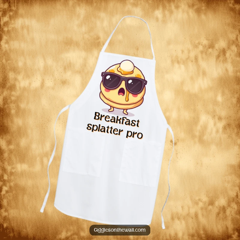 Funny surprised pancake wearing sunglasses and syrup on an apron, a humorous kitchen essential, great funny gift.