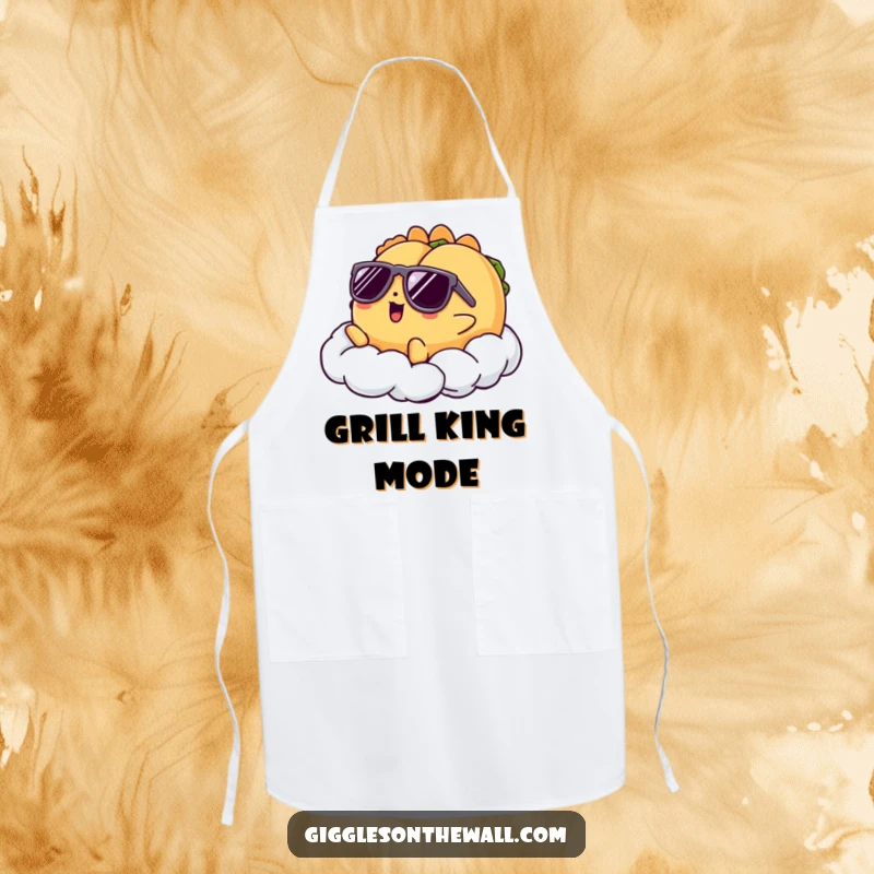 Funny apron showcasing a taco character with sunglasses lounging on a cloud, perfect for a cool and humorous cooking experience.