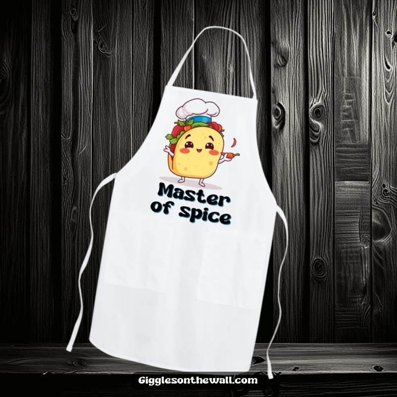 Funny taco chef apron in action, comically juggling chili peppers, humorous and practical kitchen wear.