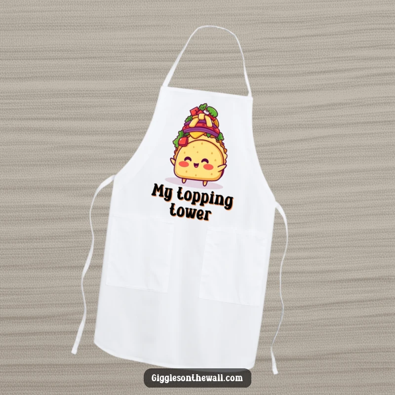 Funny blushing taco character overloaded with toppings on a kitchen apron, bringing humorous and culinary-themed cheer to cooking tasks.