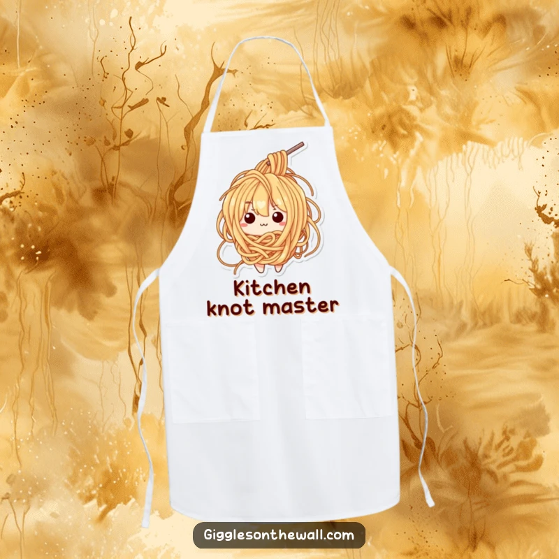 Funny apron with a bewildered ramen noodle character tangled in its own strands, ideal for cooking.