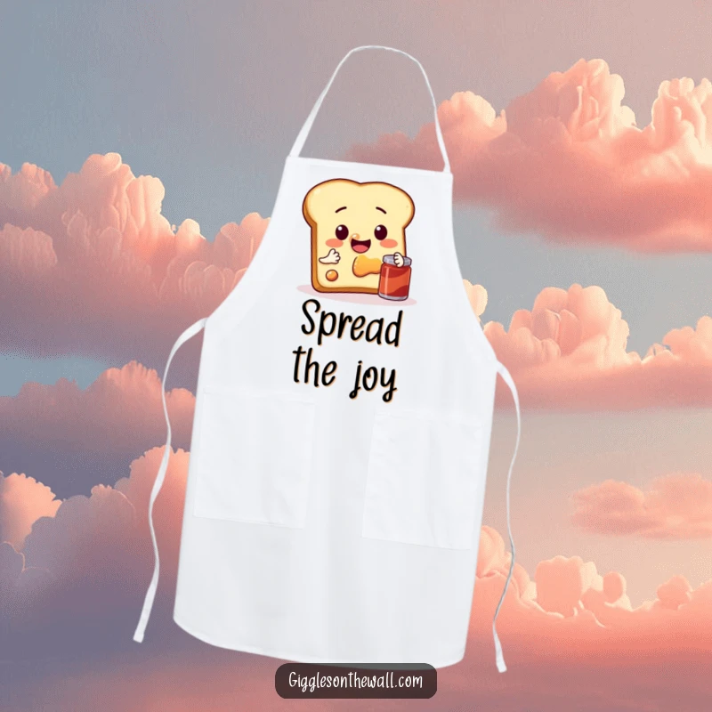 Funny apron with a sentient slice of toast attempting a selfie with jam, ideal for kitchen humor.