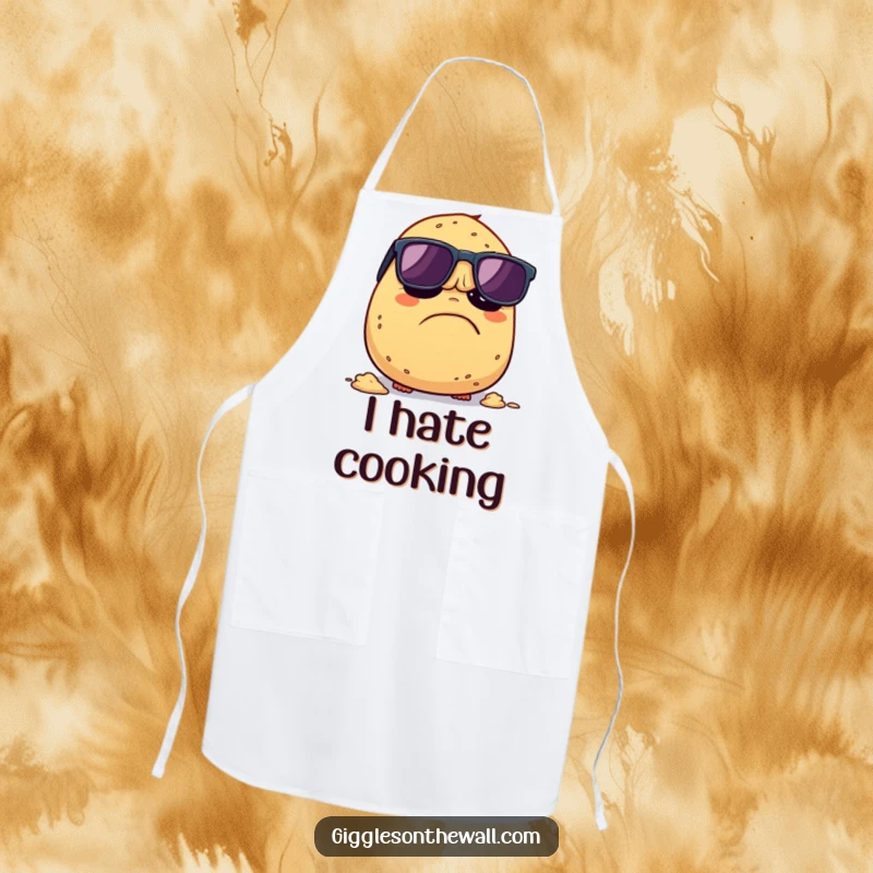 Funny Grumpy Potato Apron: A kitchen apron showing a grumpy potato in sunglasses humorously trying to escape being mashed, adding witty flair.