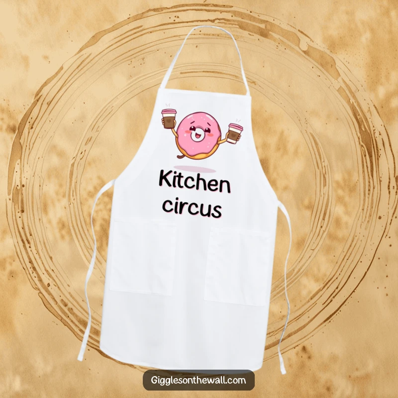 Funny giddy donut juggling coffee cups on an apron, a humorous kitchen essential, great funny gift.