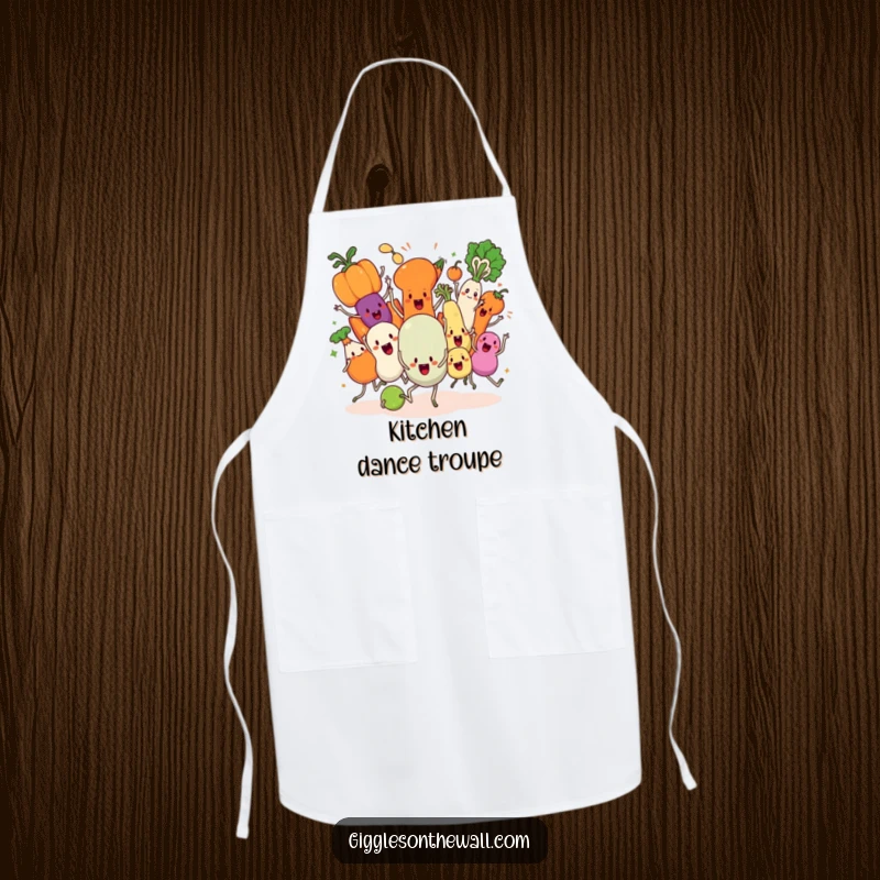 Funny Veggie Dance Apron, illustrating animated vegetables performing a chaotic synchronized dance, ideal for kitchen fun.