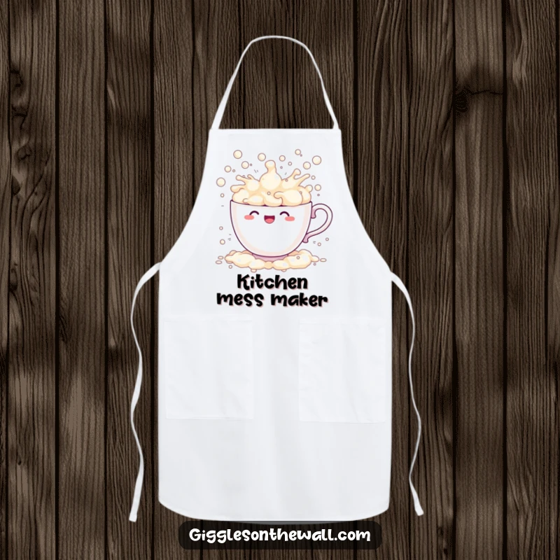 Funny teacup apron comically overflowing with bubbles and splashing, humorous and practical kitchen wear.