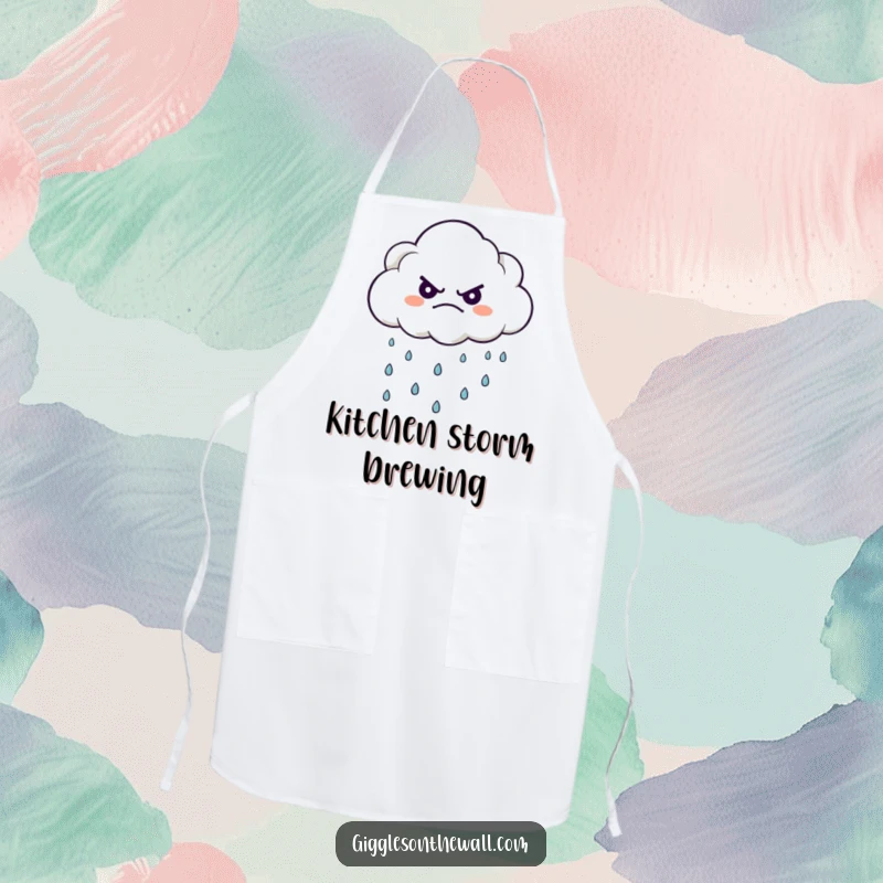 Funny apron with a grumpy cloud character happily raining tiny drops, adding humor to kitchen tasks.