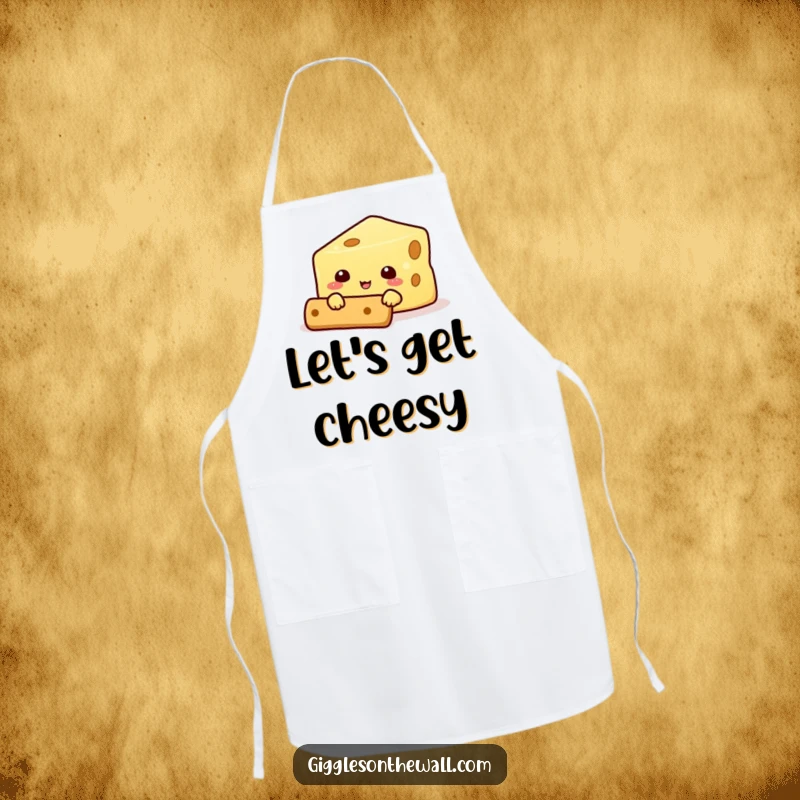Funny apron depicting a cheese character hiding behind a cracker, a humorous and practical garment for kitchen adventures.