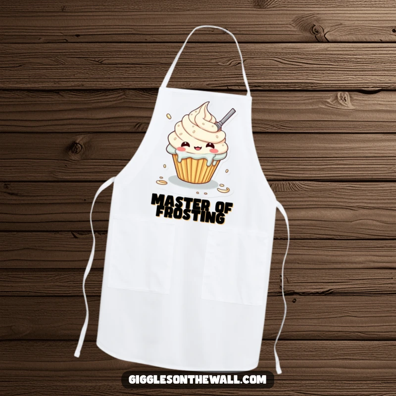 Funny apron with a cupcake character comically attempting to frost itself, creating a glorious baking mess.