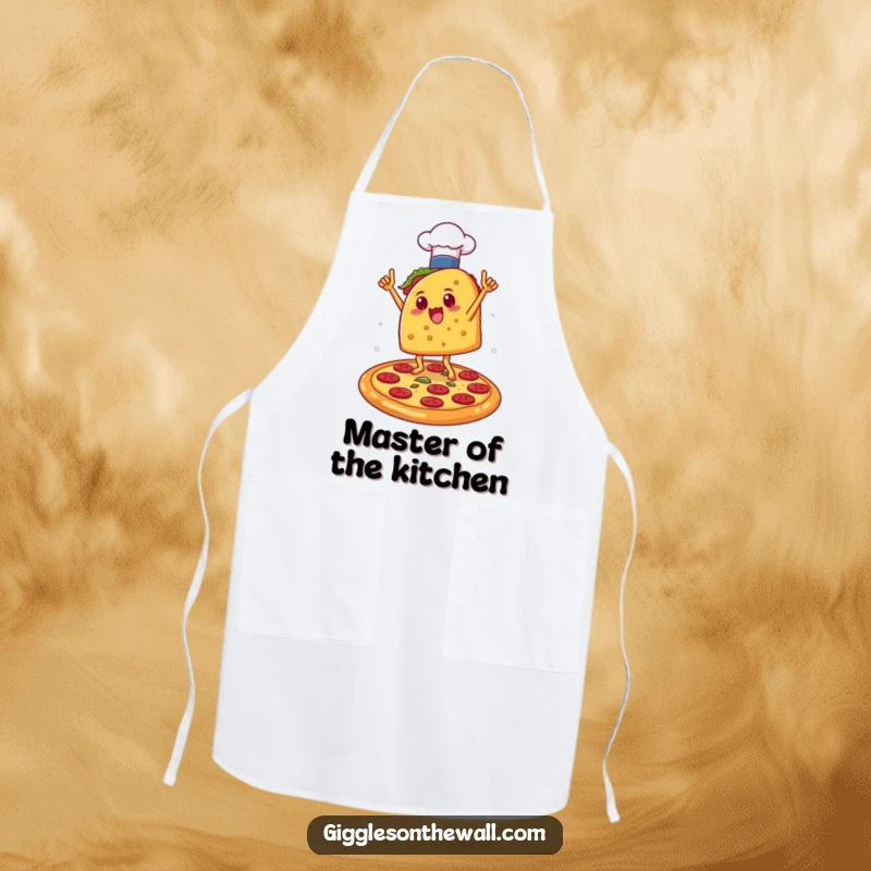 Funny Taco Chef Victory Apron: A kitchen apron showing a taco in a chef hat dancing triumphantly on a pizza, adding humorous flair to cooking.