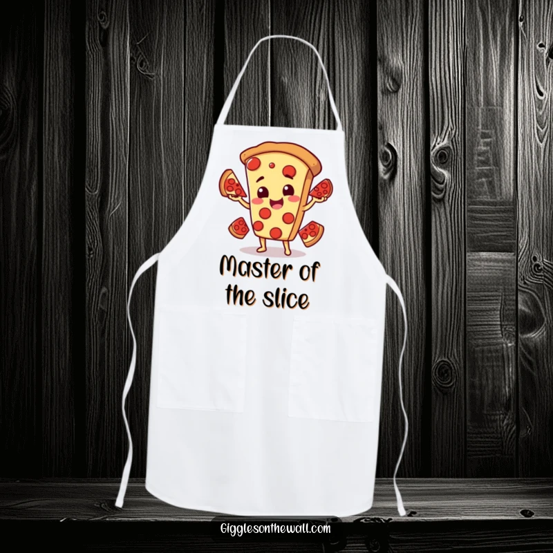 Funny apron showcasing a smiling pizza character comically juggling pepperoni slices, perfect for a fun and humorous cooking experience.