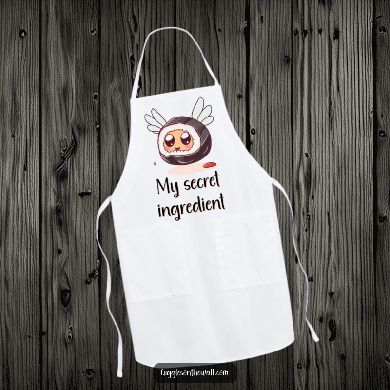 Funny Sushi Flying Apron: A kitchen apron showing a sushi piece with googly eyes attempting to fly using soy sauce packets, adding humorous flair.