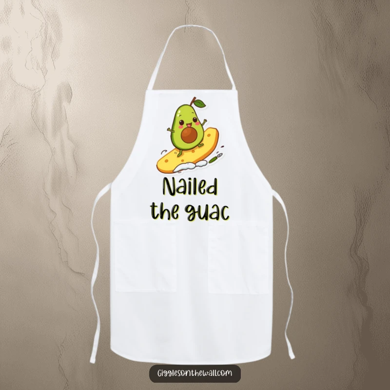 Funny avocado character surfing a giant chip on a kitchen apron, bringing humorous and culinary-themed cheer to cooking activities.