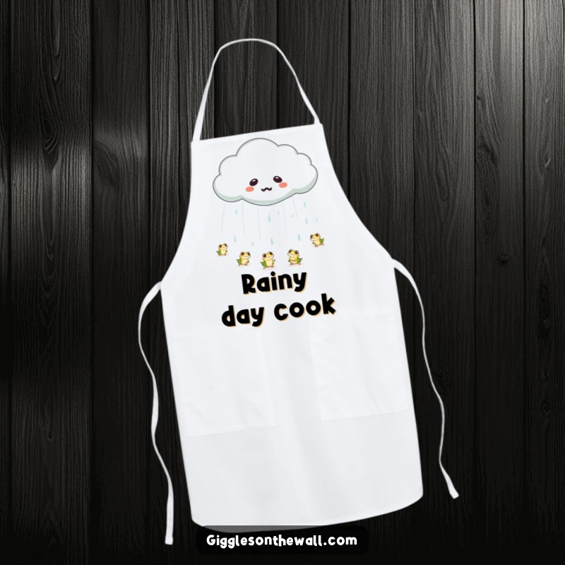 Funny frog rain cloud apron showing a cloud with a large tear raining tiny bouncing frogs, ideal for culinary fun and whimsical chefs.