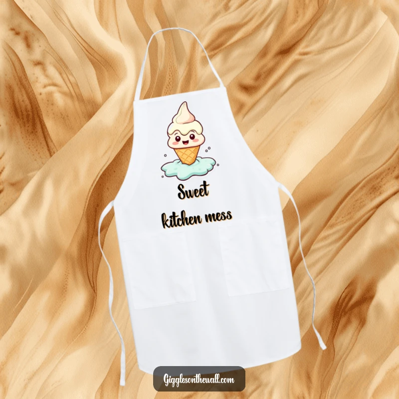 Funny apron featuring a cheerful ice cream cone character melting into a puddle, perfect for kitchen tasks with a sweet touch.