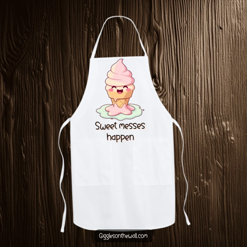 Funny apron featuring a happy ice cream cone character melting into a puddle of joy, for a fun cooking experience.