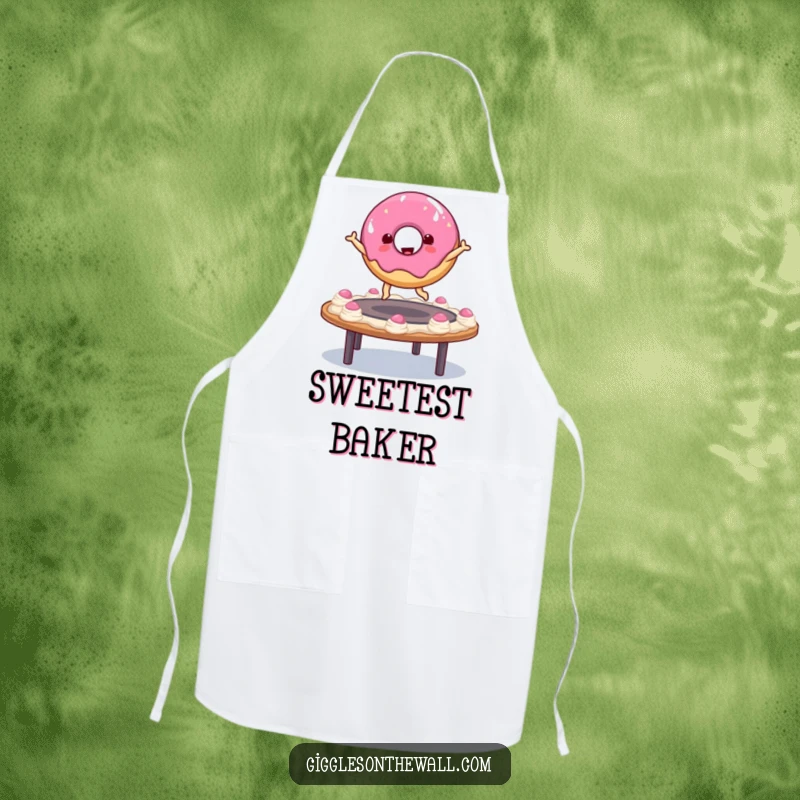 Funny donut character bouncing on a frosting trampoline on a kitchen apron, bringing humorous and baking-themed fun to culinary tasks.