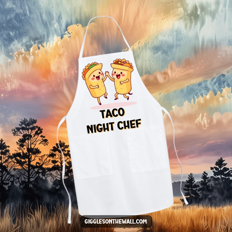 Funny dancing tacos apron, depicting a set of tacos performing a synchronized salsa dance, perfect for fiesta cooking.