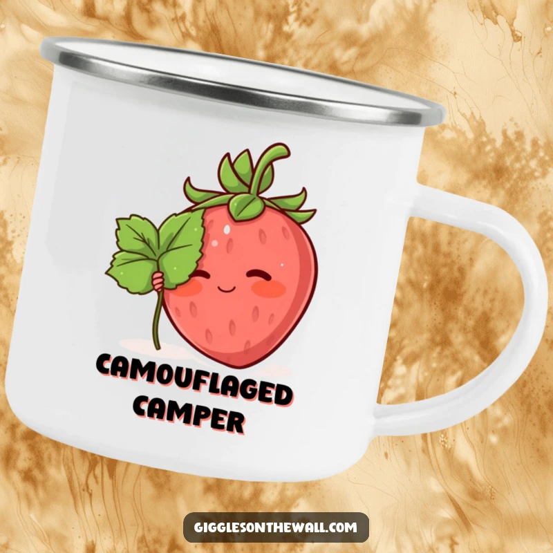 Funny camping mug featuring a blushing strawberry character hiding behind a leaf, perfect for shy outdoor enthusiasts.