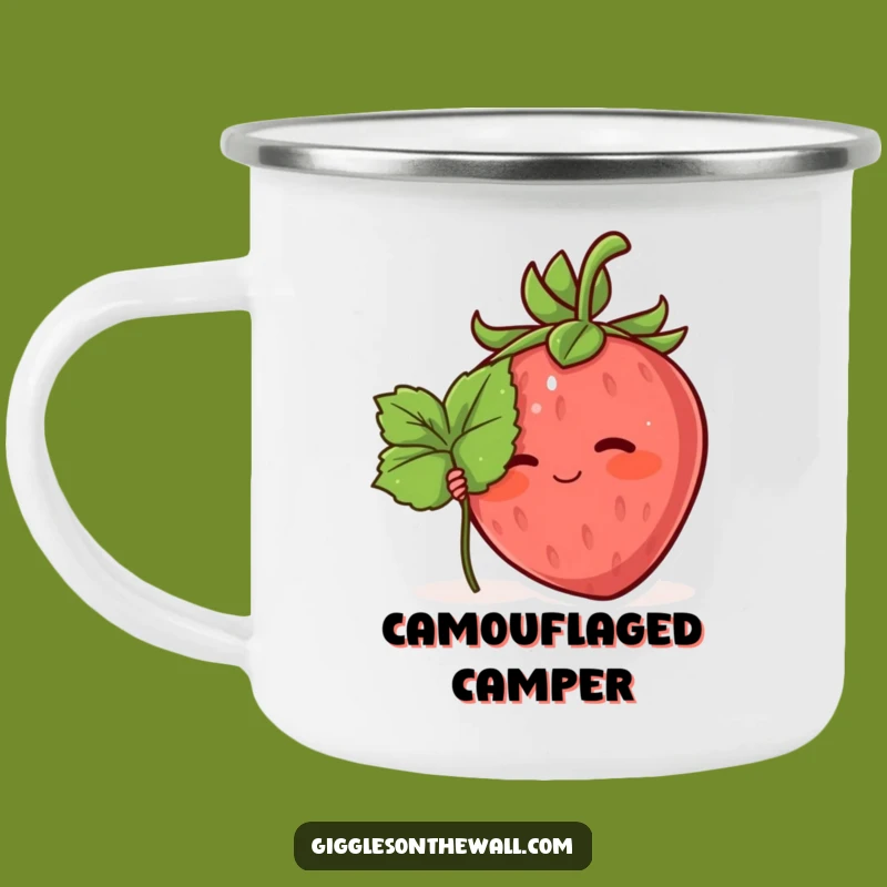 Funny Shy Strawberry Camping Mug: Hiding Leaf Character Camp Gift