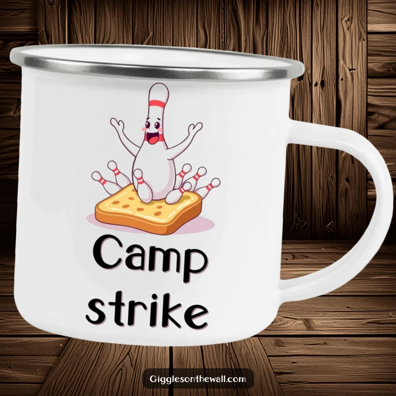 Funny bowling pin camping mug showing a sentient juggler dropping pins onto surprised toast, perfect for outdoor enjoyment.